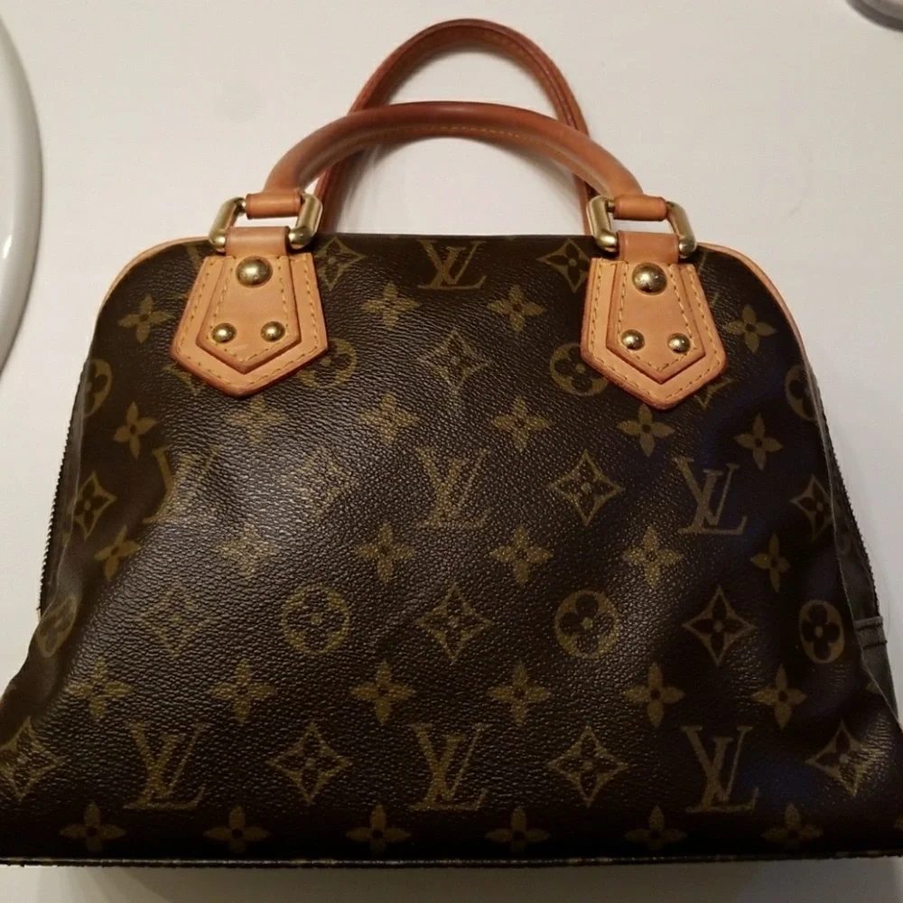 Louis Vuitton Brown Monogram Satchel with Tan Trim and Gold Hardware